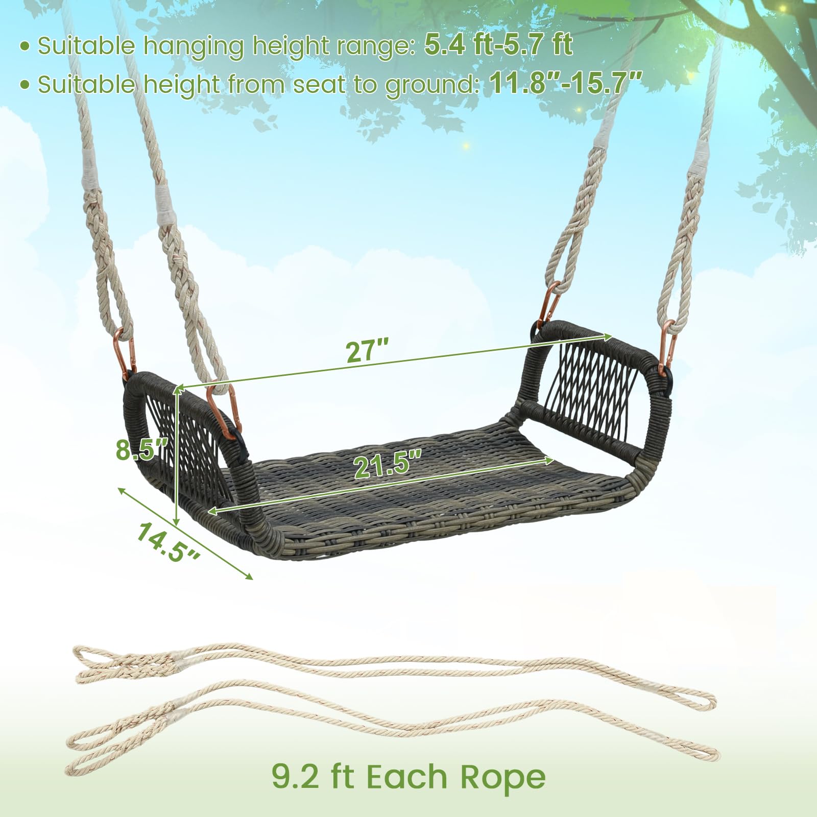 Tangkula 1-Person Rattan Porch Swing, Outdoor Single Swing Chair Bench with Hanging Hemp Ropes for Adults and Kids, Bench Swing for Porch, Yard, Balcony, Tree (Mix Brown)