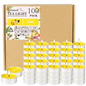 100 pack scented tealight candles 4 hours, lemon aromatherapy candles for votive home, wedding holiday and emergency (yellow)