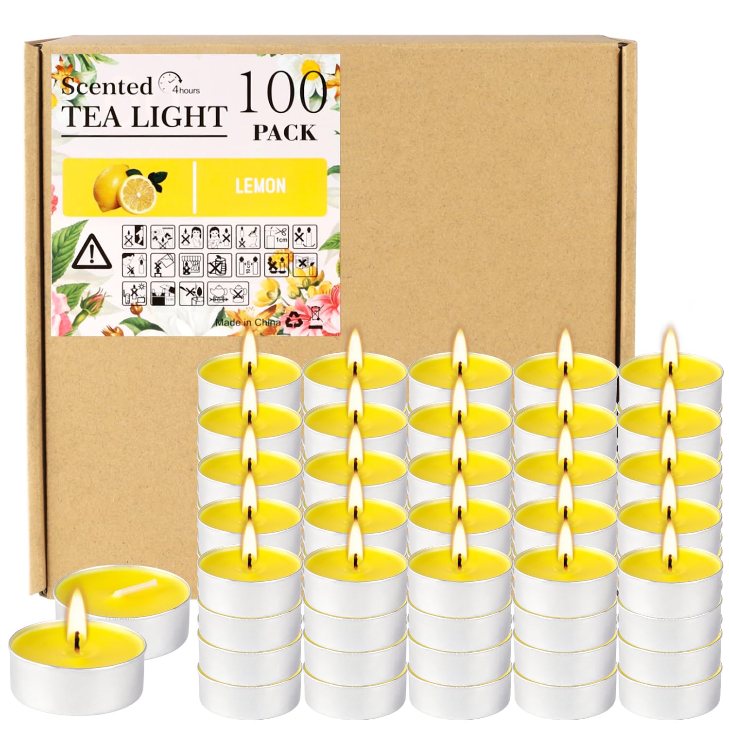 100 Pack Scented Tealight Candles 4 Hours, Lemon Aromatherapy Candles for Votive Home, Wedding Holiday and Emergency (Yellow)