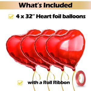 [4 Pcs] 32" Big Red Heart Foil Balloons, Big Giant Jumbo Heart Shaped Mylar Aluminium Decoration for Girl Valentine's Day Surprise Birthday Wedding