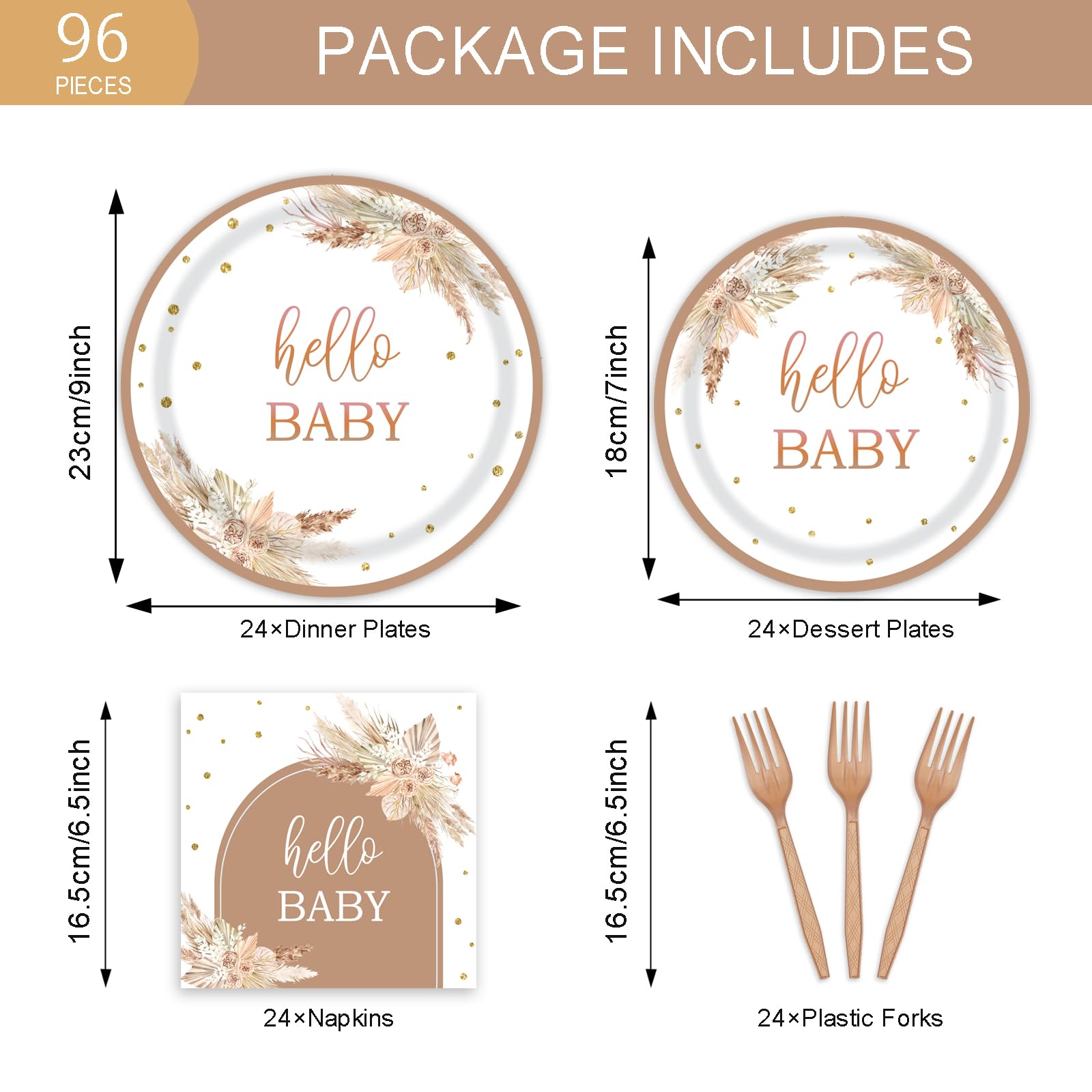 96pcs Boho Baby Shower Party Plates and Napkins Tableware Set for 24 Guests Bohemian Pampas Grass Floral Rainbow Arch Party Dinnerware Supplies Favors Decorations for Hello Baby Events