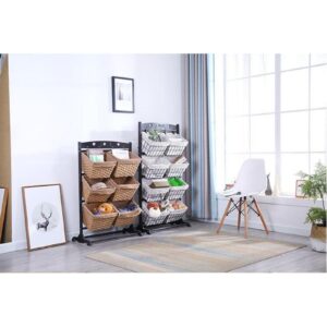 3-Tier Floor Stand with Water Hyacinth Storage Baskets,with Market Basket Storage Bins-Vertical Standing Rack for Living Room,Laundry, Bedroom, Bathroom,Office Organization(Three layers, White+Gray)