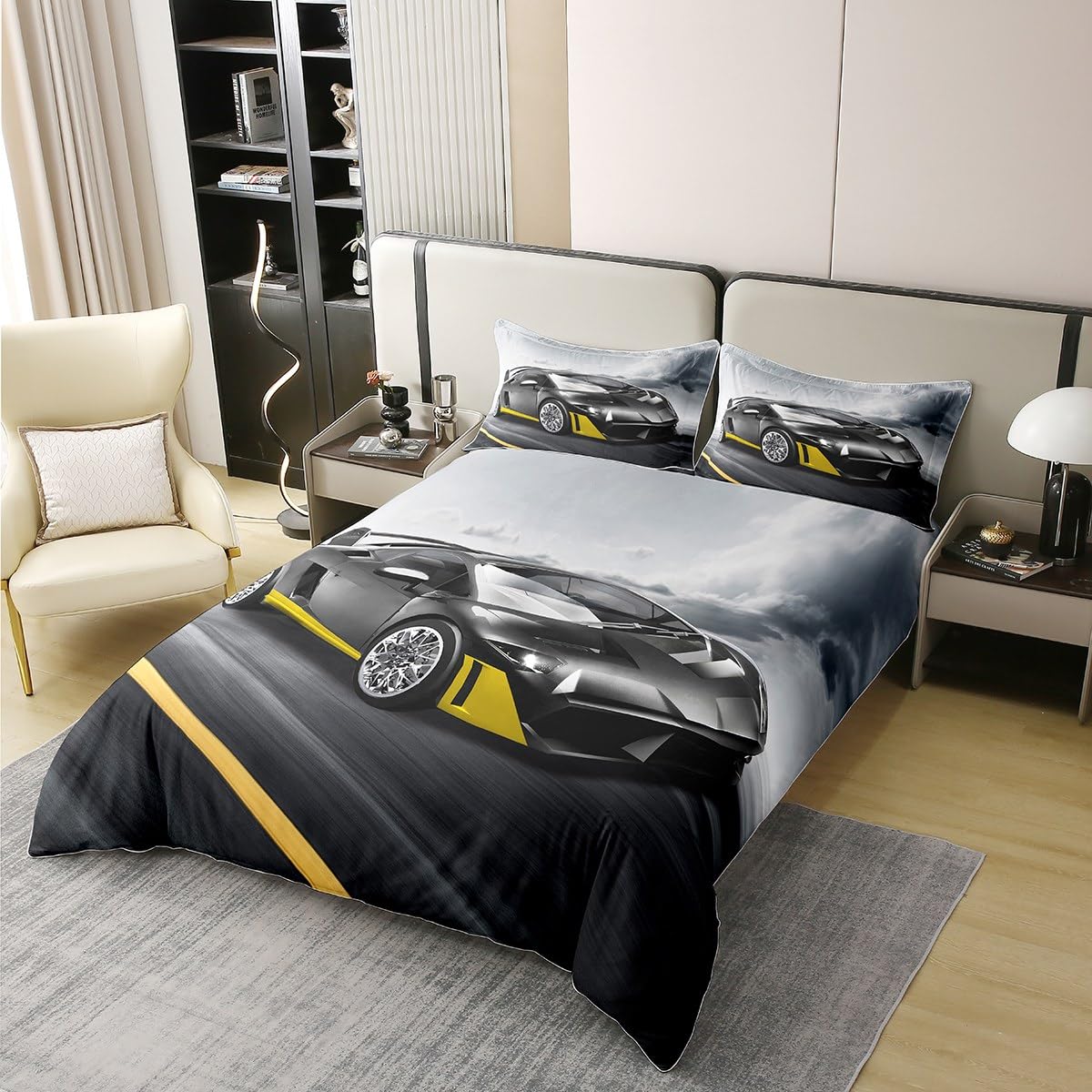 Erosebridal 100% Cotton Race Car Comforter Cover Full Size for Kids Boys Teens Cool Speed Racing Car Bedding Set Automobile Print Sports Game Theme Duvet Cover 3 Pcs with 2 Pillow Cases, Grey Black