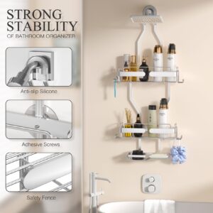 Bathroom Organizer Hanging Shower Caddy: Over Shower Head Shelf for Inside the Bath - Extra Long Rack for Tall Showerhead - Silver