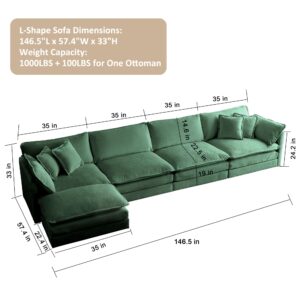 Suheww 146" Oversized L-Shaped Modular Sectional Sofa Couch for Living Room, Modern Soft Chenille Large Cloud Couch, Comfy 4-Seater Deep Seat with Chaise & Movable Ottoman (Green, L-Shaped 4 Seat)