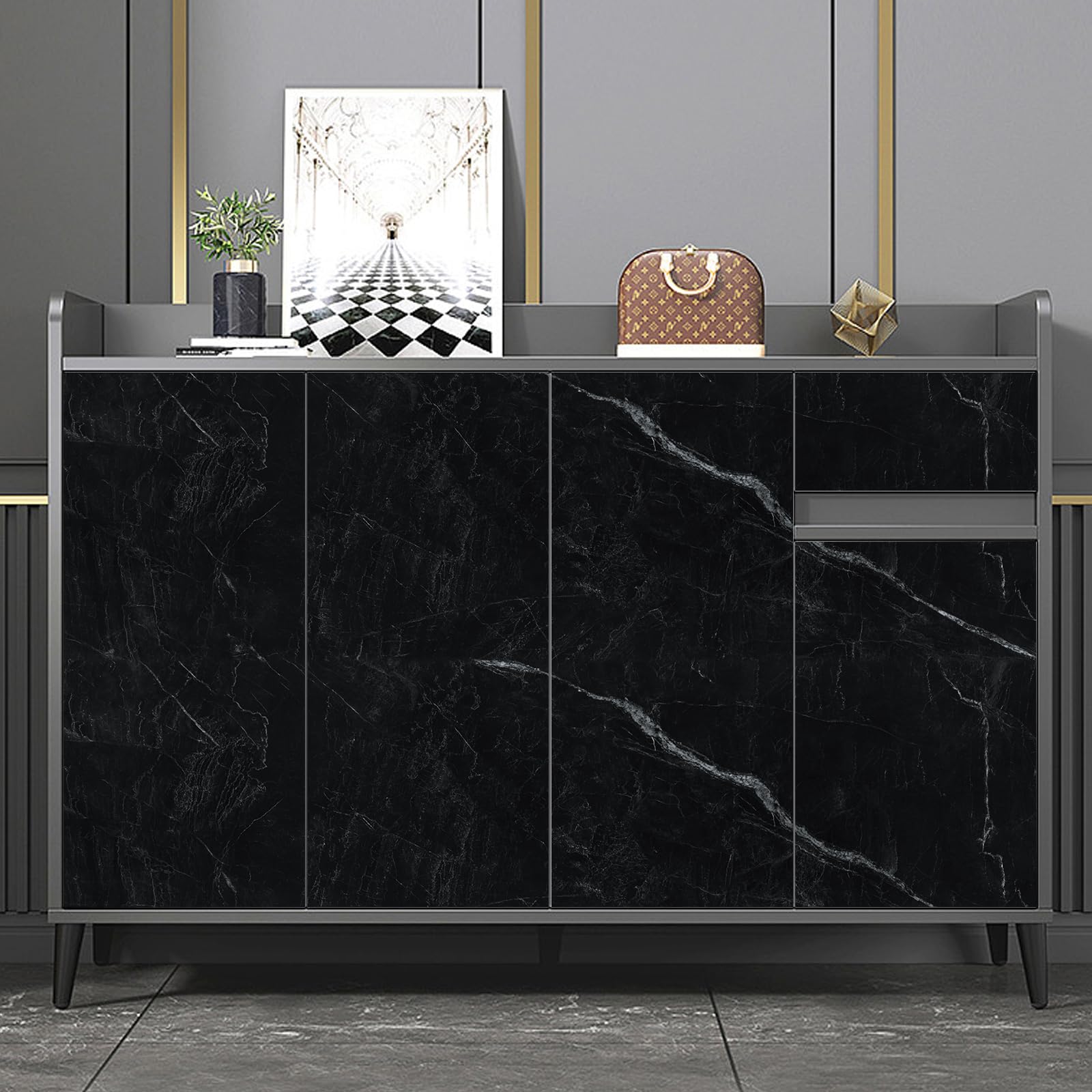 Anmon Black Marble Contact Paper, Glossy and Waterproof Black Marble Wallpaper 17.7''*118'', Self-Adhesive and Removable Vinyl Wall Paper for Cabinets, Countertops, Bathrooms, Drawers