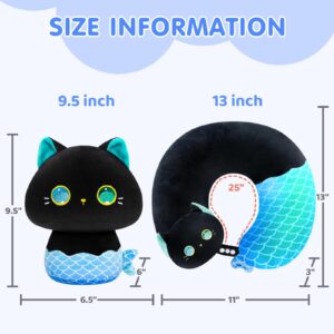 Caaaat Kids Travel Pillow, 2 in 1 Deformable Kids Neck Pillow with U-Shaped Pillow & Cute Cat Animal Reversible Plush Toy for Airplane, Car, Train