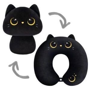 kids travel pillow, 2 in 1 deformable kids neck pillow with u-shaped pillow & cute black cat animal reversible plush toy for airplane, car, train