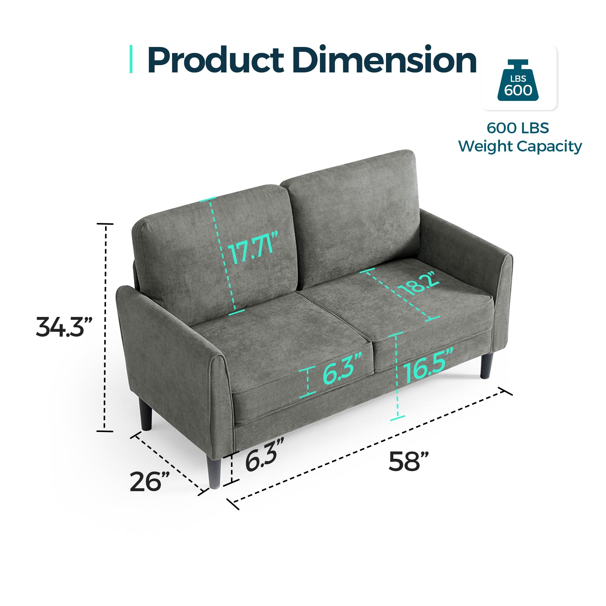 LINSY 58" W Loveseat Sofa, Small Couch Modern Comfy Couch for Bedroom and Living Room, Small Loveseat for Small Spaces, Easy Assembly, Dark Grey