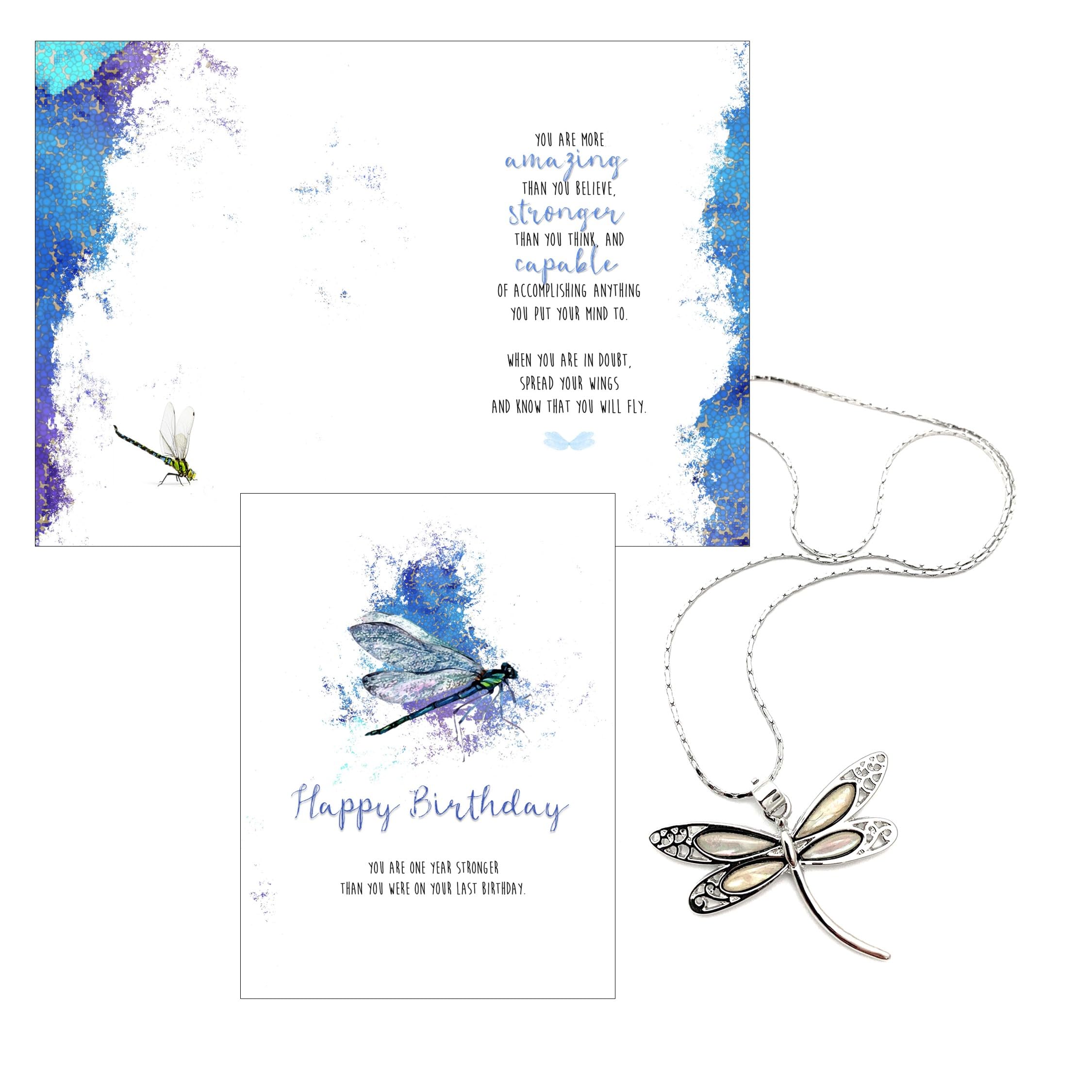 Smiling Wisdom - Happy Birthday Greeting Card Dragonfly Necklace Gift Set - Teen Women (White Abalone Dragonfly)