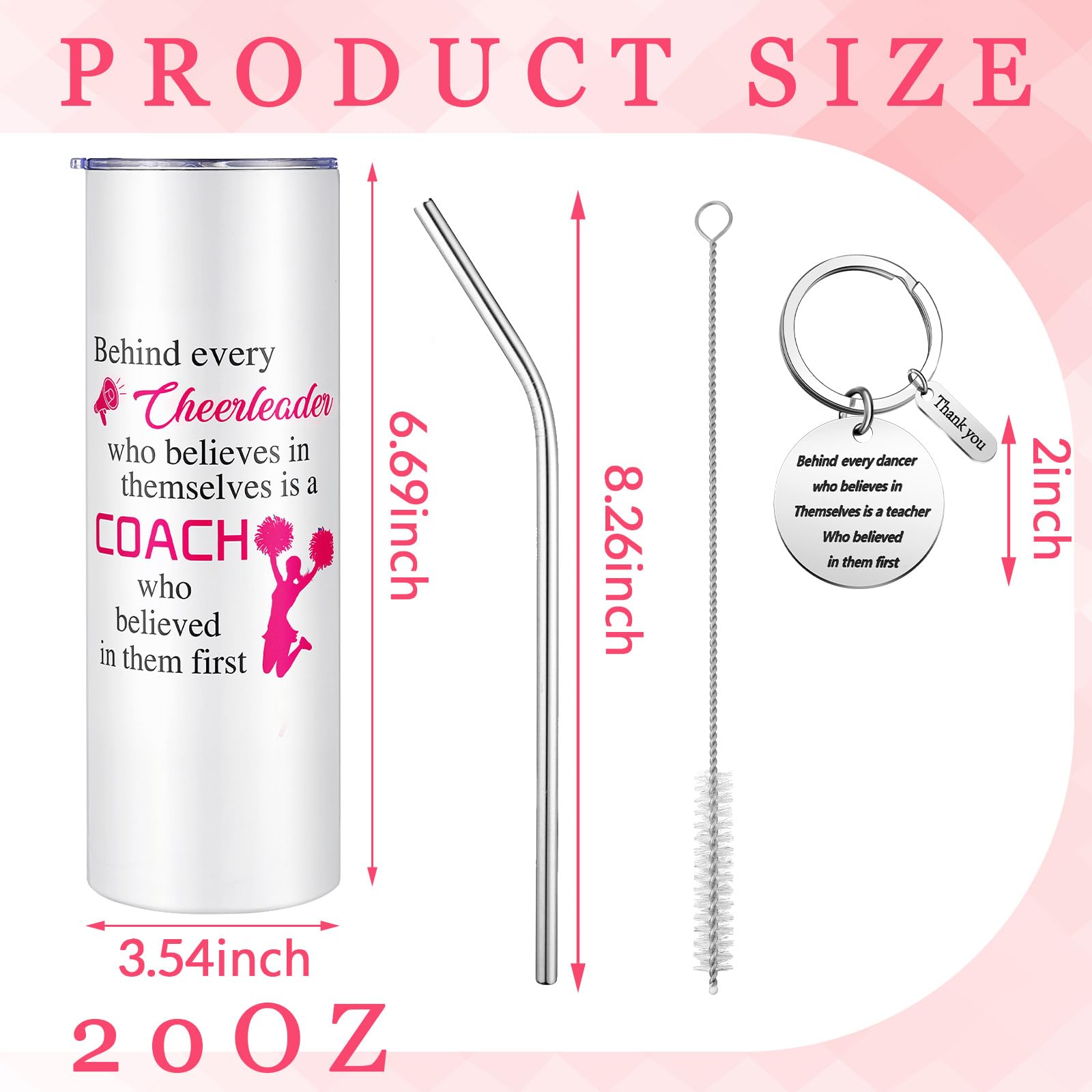 Suclain 2 Pcs Cheer Coach Gifts Set for Women 20 oz Cheerleader Tumbler with Lid Straw and Cheerleading Coach Keychain for Coach Cheerleader Birthday Retirement Gifts(Pink)