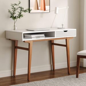 longcoam design white computer desk with drawers - 45 inch minimalist small solid wood mid-century modern office desk for home - boho style writing table with open storage,light wooden desk workspace