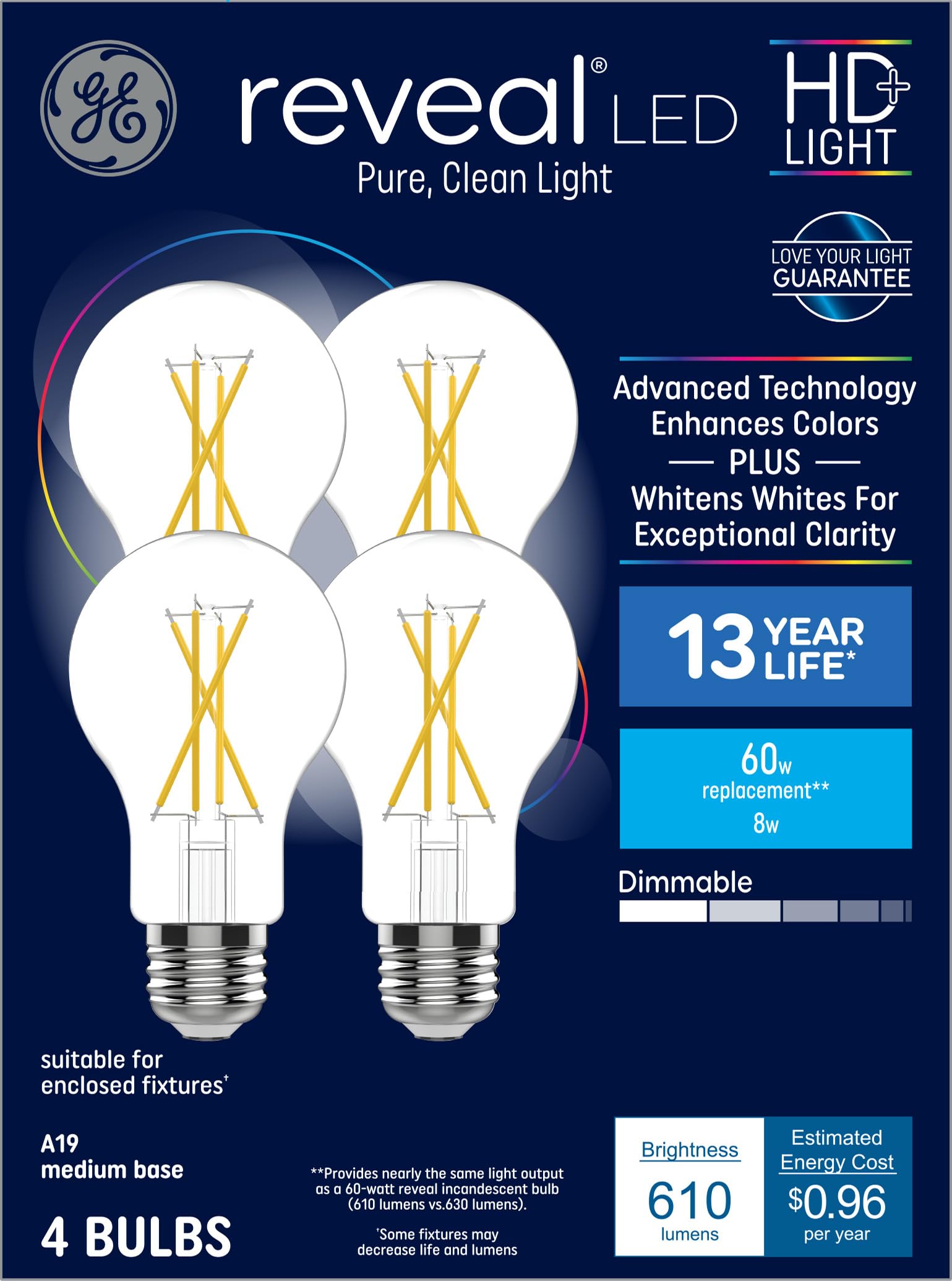 GE Reveal HD+ LED Light Bulbs, 60 Watt, A19 Bulbs (4 Pack)