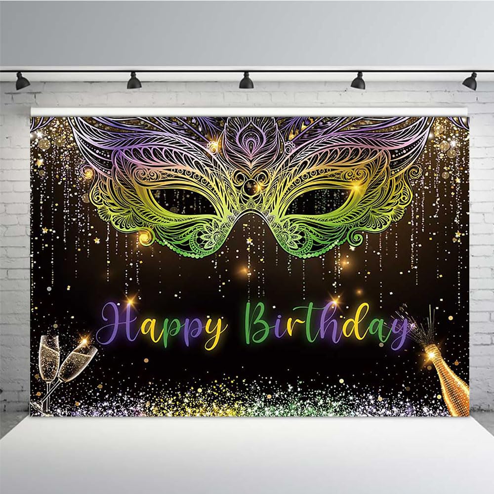 MEHOFOND 7x5ft Mardi Gras Theme Backdrop Masquerade Happy Birthday Party Background Purple Green Gold Mask Dancing Prom Party Photo Booth for Wedding Bachelorette Party Decorations Banner