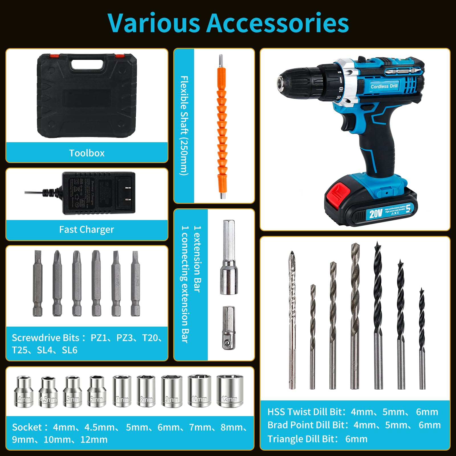 Aseboy Power Drill Cordless, 3/8 Electric Drill with Battery and Charger, 21V Drill Set for Specialized Field and Homework, Battery Drill with LED Light, Variable Speed Mode