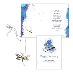 Smiling Wisdom - Happy Birthday Greeting Card Dragonfly Necklace Gift Set - Teen Women (White Abalone Dragonfly)