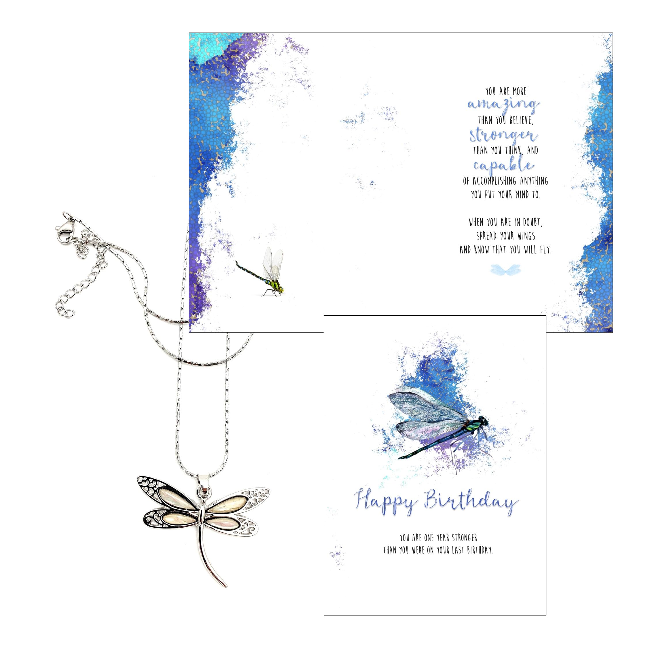 Smiling Wisdom - Happy Birthday Greeting Card Dragonfly Necklace Gift Set - Teen Women (White Abalone Dragonfly)