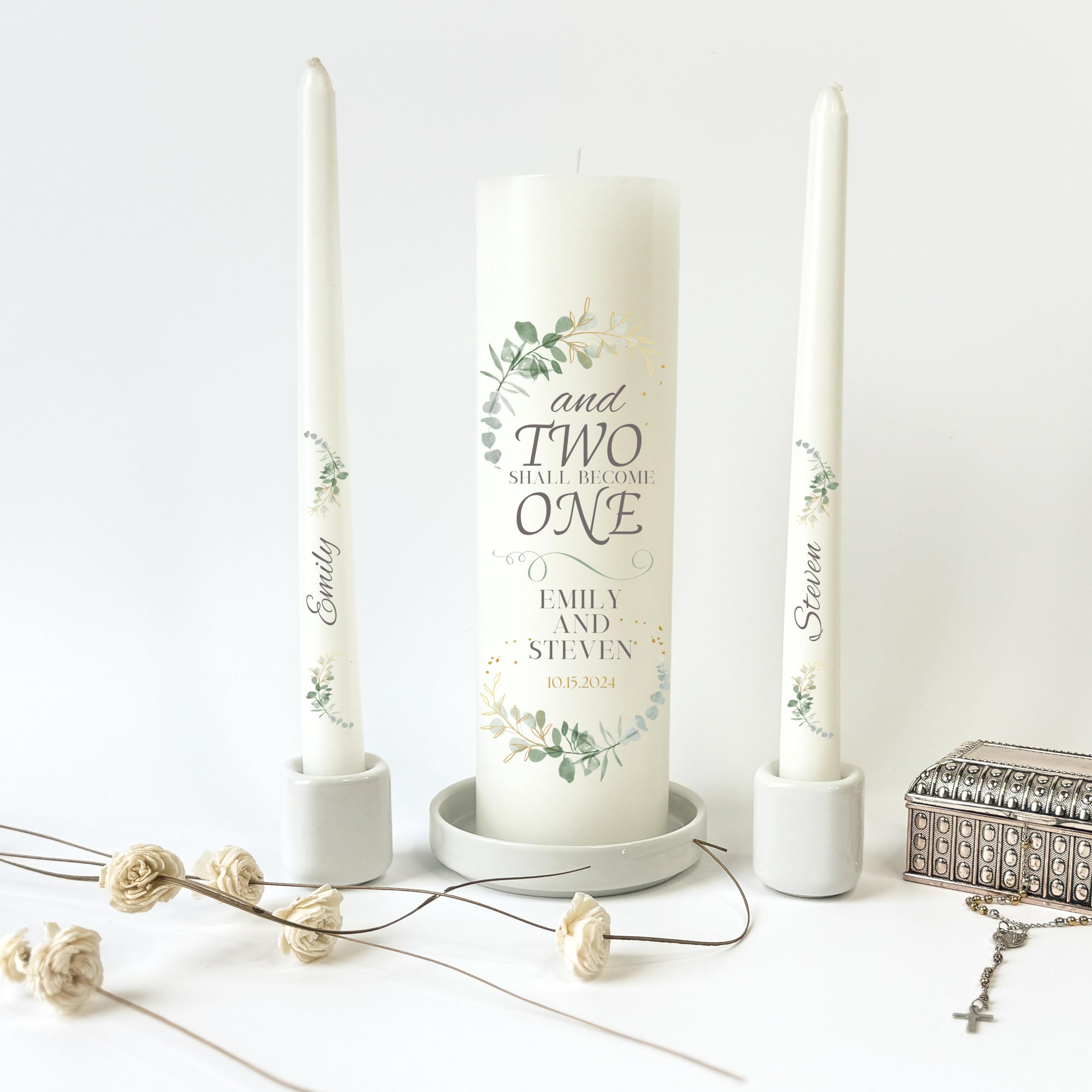 Unity Candles for Wedding, Unity Set, Custom and Personalized Pillar and Taper Candles with Bible Quote, Unscented White Premium Wax, Religious and Wedding Ceremony, Special Events (Custom Date)