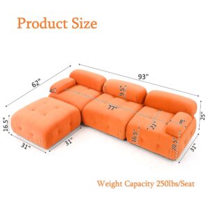 GNIXUU Modular Sectional Sofa, 93" Convertible L-Shaped Couch for Living Room, Modern Button Tufted Cloud Couches with Comfy Armrest, Orange Velvet