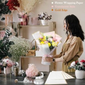 Unarty 20 Sheets White Flower Wrapping Paper with Ribbon, 24Pcs Gold Butterfly Decorations, 50Pcs Flower Pins, Waterproof Bouquet Wrapping Paper with Gold Edge, White Flower Paper Wrap