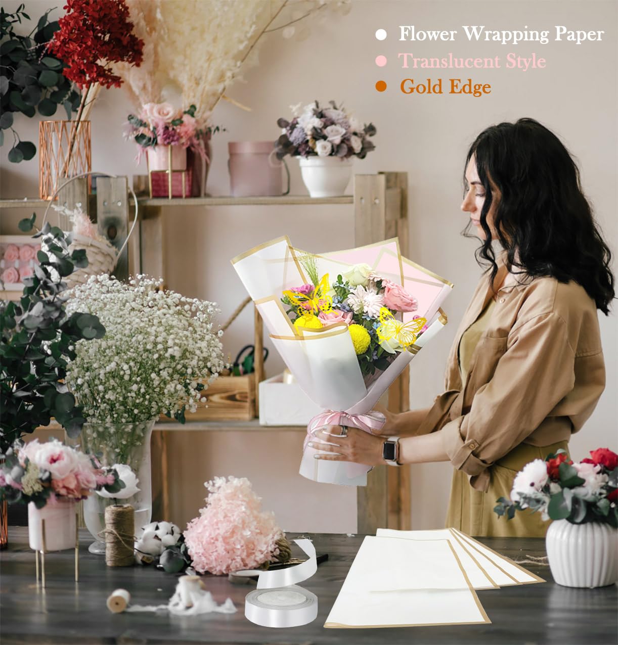 Unarty 20 Sheets White Flower Wrapping Paper with Ribbon, 24Pcs Gold Butterfly Decorations, 50Pcs Flower Pins, Waterproof Bouquet Wrapping Paper with Gold Edge, White Flower Paper Wrap