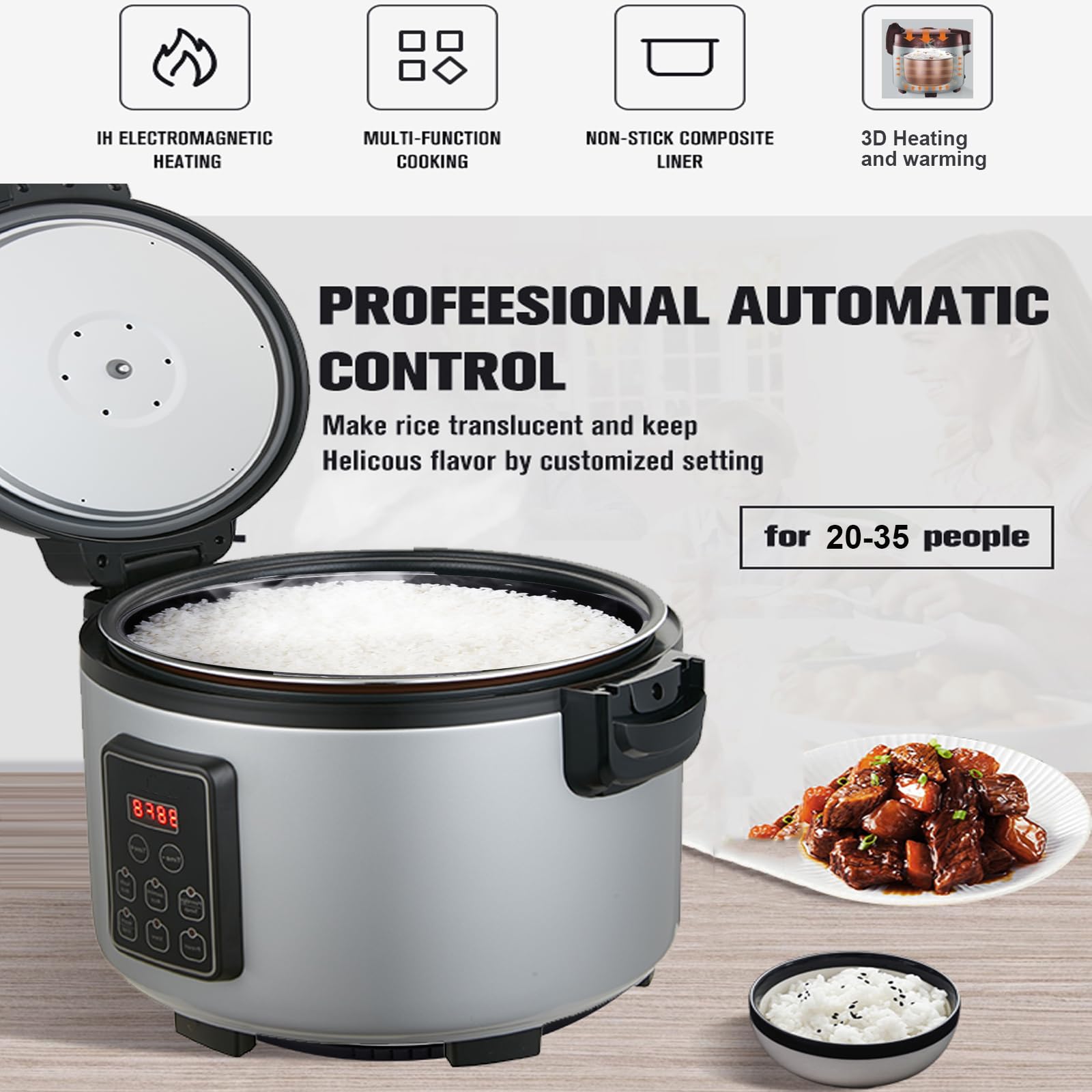 DAZITN Commercial Rice Cooker 60 CUPS (Cooked Rice)& Food Warmer | 13L/13.8Qt Extra Large Multifunctional Rice Cooker | 1350W Fast Cooking with Time Display & Preset|Restaurant Company Canteen Use