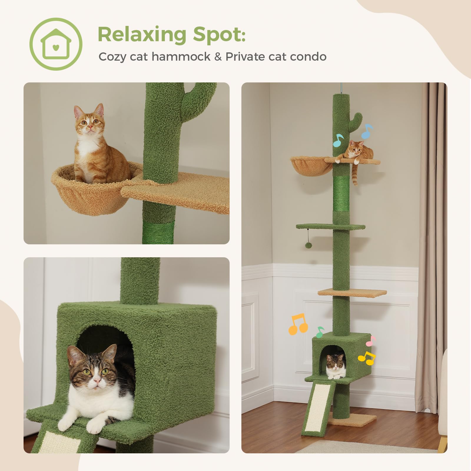 PEQULTI Cat Tree Floor to Ceiling,Cactus Tall Cat Tower, Adjustable Height (83''-108'') 5 Tiers Cat Climbing Tree for Indoor Cats with Cat Condo, Cat Scratching Post and Cat Ladder, Green