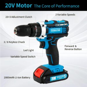 Aseboy Power Drill Cordless, 3/8 Electric Drill with Battery and Charger, 21V Drill Set for Specialized Field and Homework, Battery Drill with LED Light, Variable Speed Mode