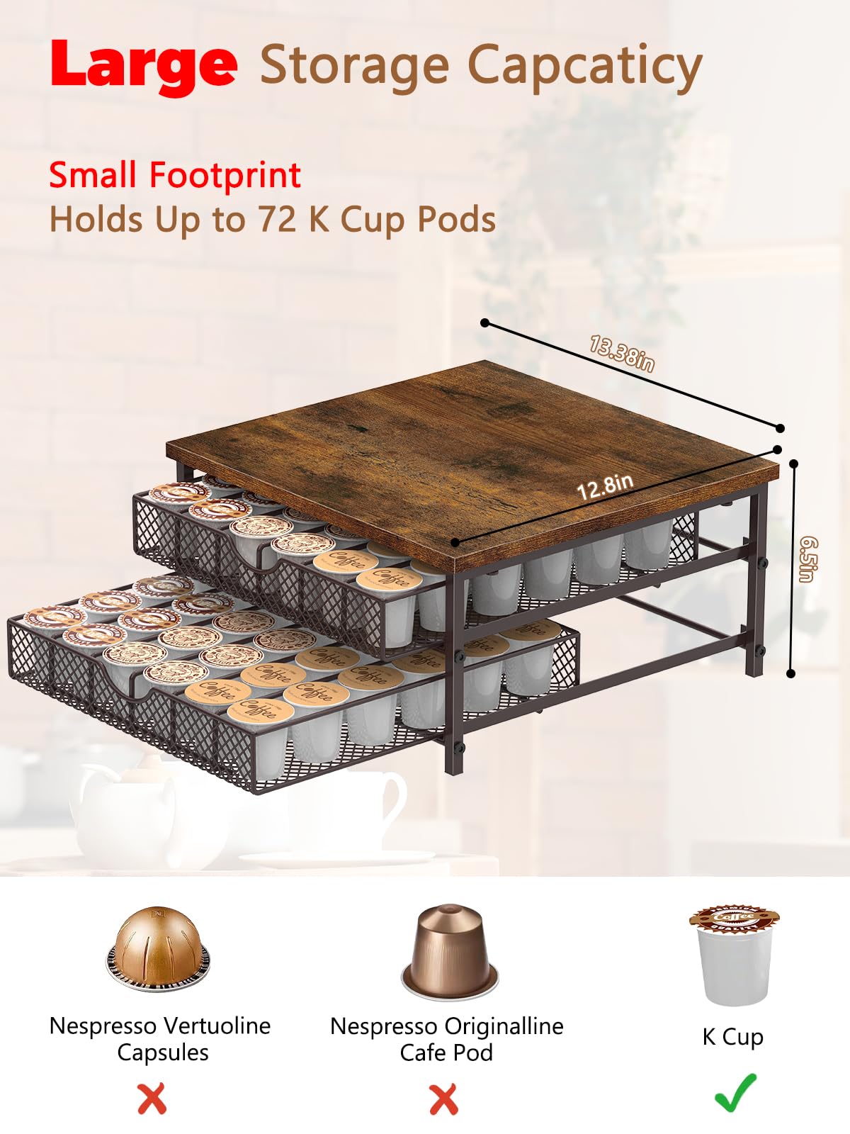 MOOACE Coffee Pod Holder for K Cup Holder Drawer Holder, Coffee Pod Drawer For Counter, 2 Tier K-Cup Storage With Sliding Baskets, 72 Capacity Pods Organizer Cups Capsule for Coffee Station, Brown