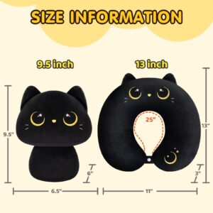 Kids Travel Pillow, 2 in 1 Deformable Kids Neck Pillow with U-Shaped Pillow & Cute Black Cat Animal Reversible Plush Toy for Airplane, Car, Train