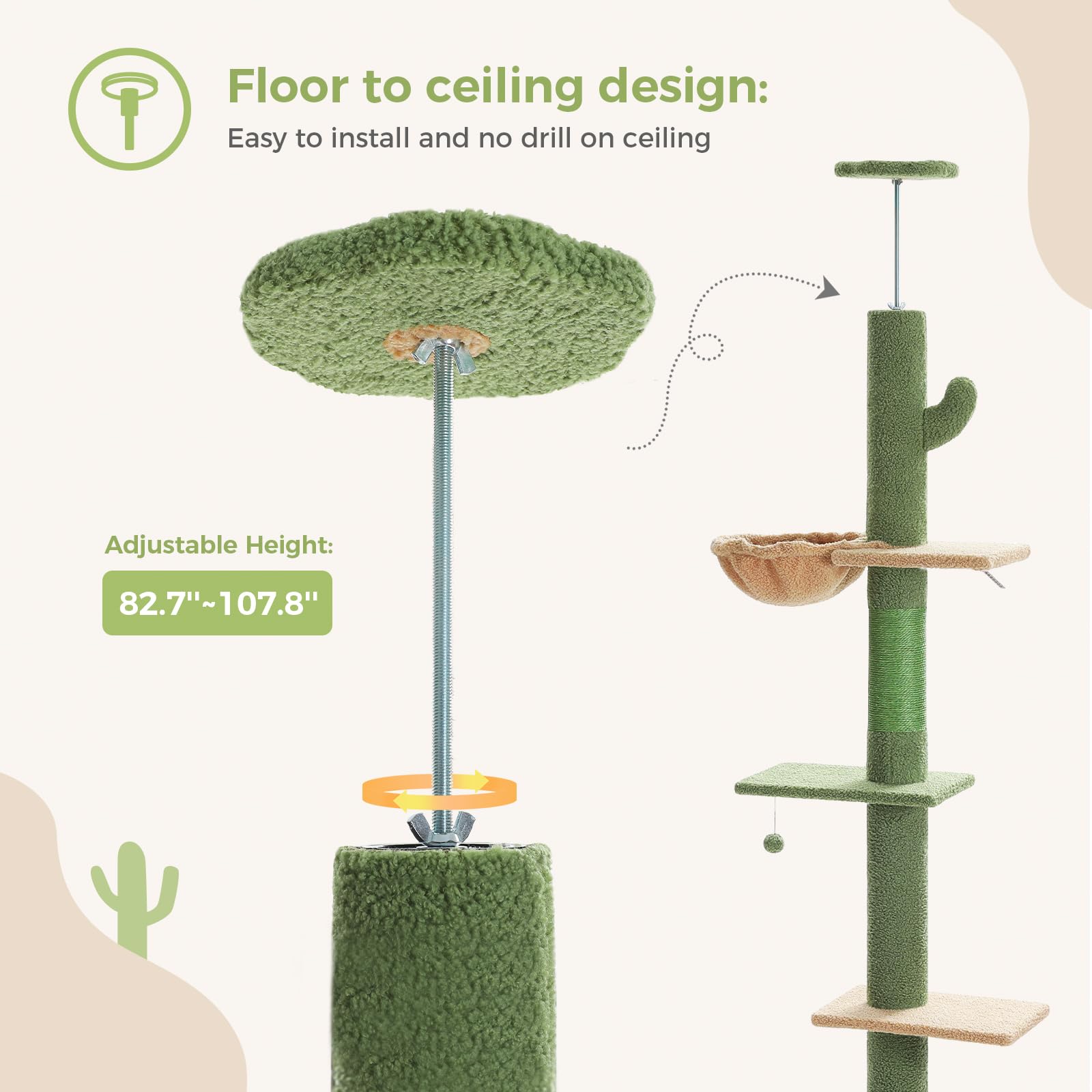 PEQULTI Cat Tree Floor to Ceiling,Cactus Tall Cat Tower, Adjustable Height (83''-108'') 5 Tiers Cat Climbing Tree for Indoor Cats with Cat Condo, Cat Scratching Post and Cat Ladder, Green