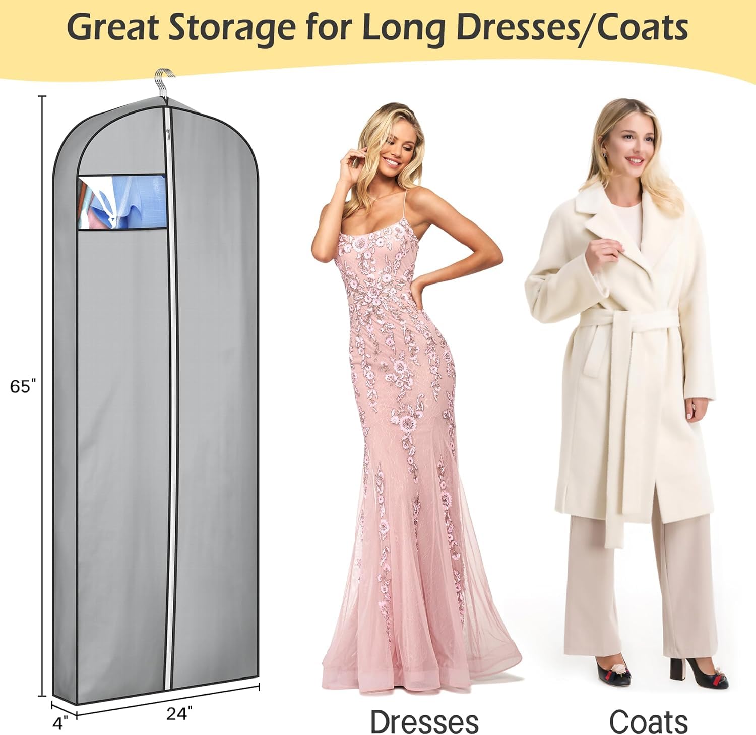 MISSLO 4" Gusseted Garment Bags for Hanging Clothes 65" Dress Bags for Gowns Long Waterproof Dress Cover for Closet Hanging Clothes Storage Bag, 3 Packs