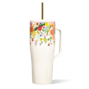 corkcicle rifle paper 30oz tumbler with handle, garden cream floral, reusable water bottle, triple insulated stainless steel travel mug, bpa free, cold 12 hours, tumbler with lid and straw