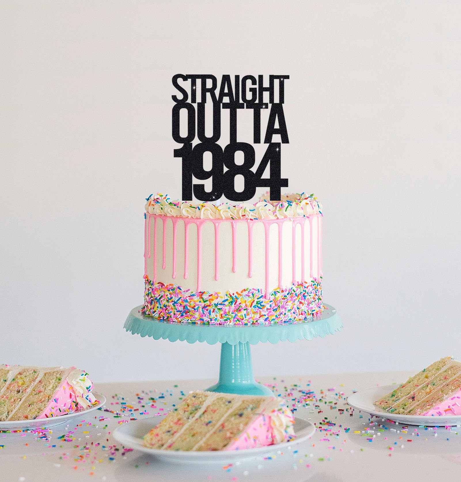 Straight Outta 1984 Cake Topper for 40th Men and Women Birthday Party ，Funny 40 and Fabulous Decoration，Handmade - Black