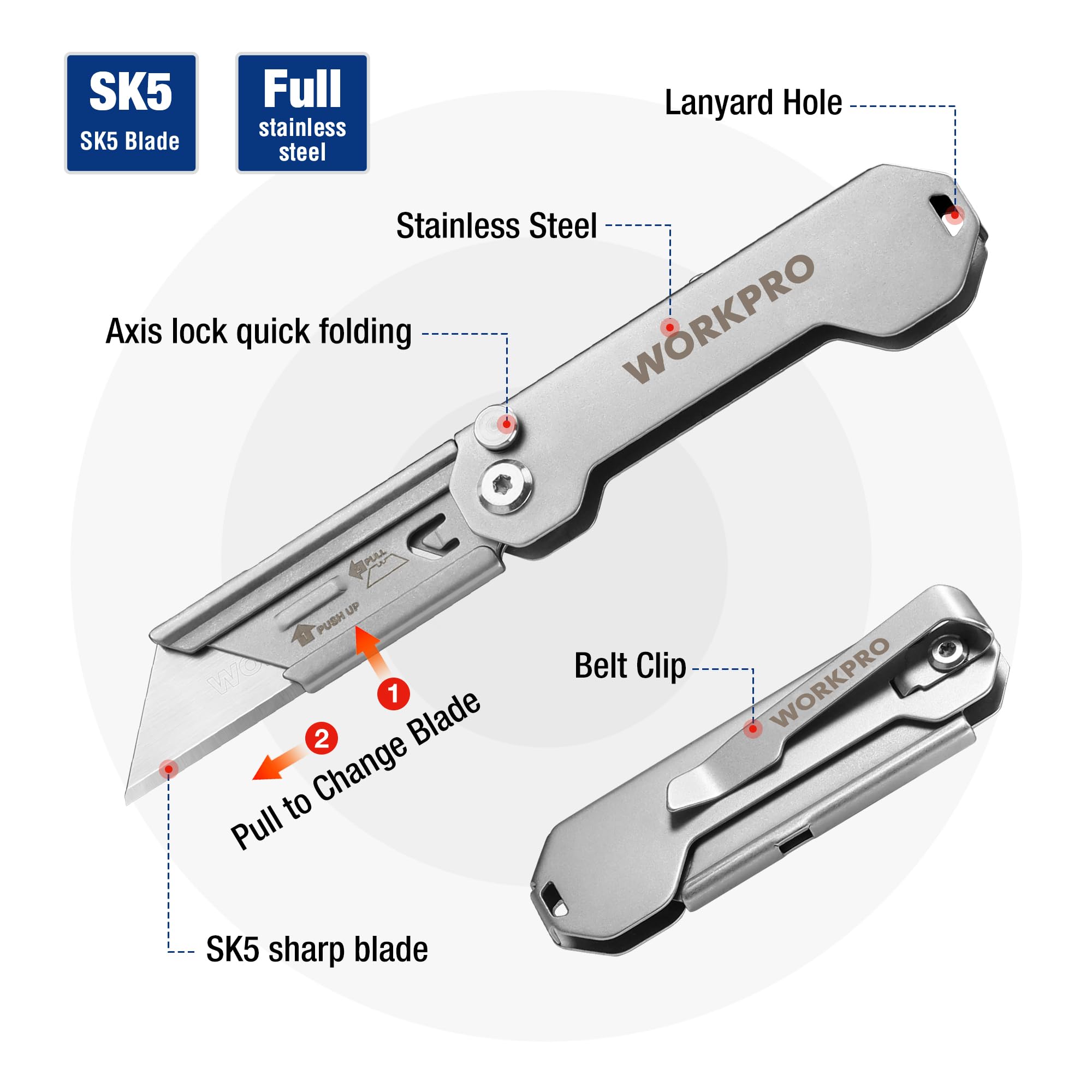 WORKPRO 2PCS EDC Folding Utility Knife, Mini Box Cutter with Quick Open Axis Lock, Quick Change Blade Razor Knife, Foldable Small Pocket Knife with Belt Clip, 2 Packs with 10 Extra Blades