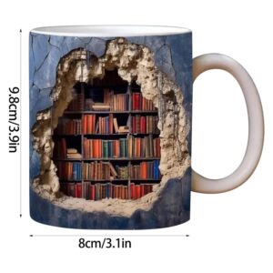 Jaysanter Visual Effect 3D Bookshelf Mug, Book Mug, Library Bookshelf Mug, Coffee Mug for Book Lovers Gifts, Creative Book Club Mug, Creative Space Design Multi-Purpose Ceramic Mug (Blue)