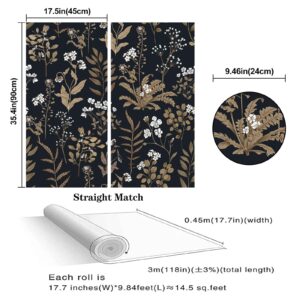 Abyssaly Black and Gold Peel and Stick Wallpaper Vintage, 17.7" x 118" Dark Floral Wallpaper Glod Leaf with White Flower Contact Paper for Wall Furniture Cabinet, Vinyl Self Adhesive Wall Paper