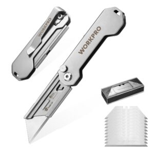 workpro 2pcs edc folding utility knife, mini box cutter with quick open axis lock, quick change blade razor knife, foldable small pocket knife with belt clip, 2 packs with 10 extra blades