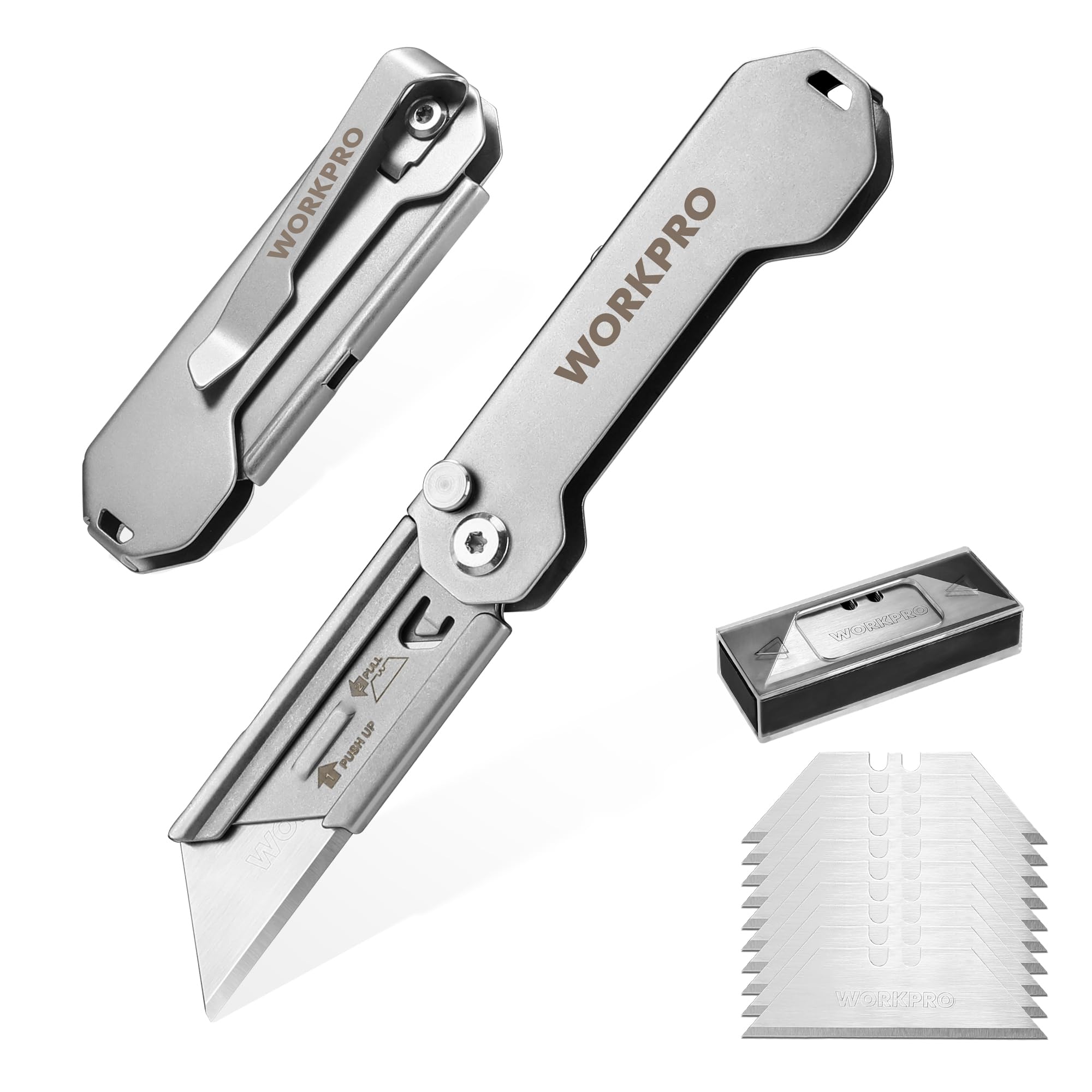 WORKPRO 2PCS EDC Folding Utility Knife, Mini Box Cutter with Quick Open Axis Lock, Quick Change Blade Razor Knife, Foldable Small Pocket Knife with Belt Clip, 2 Packs with 10 Extra Blades