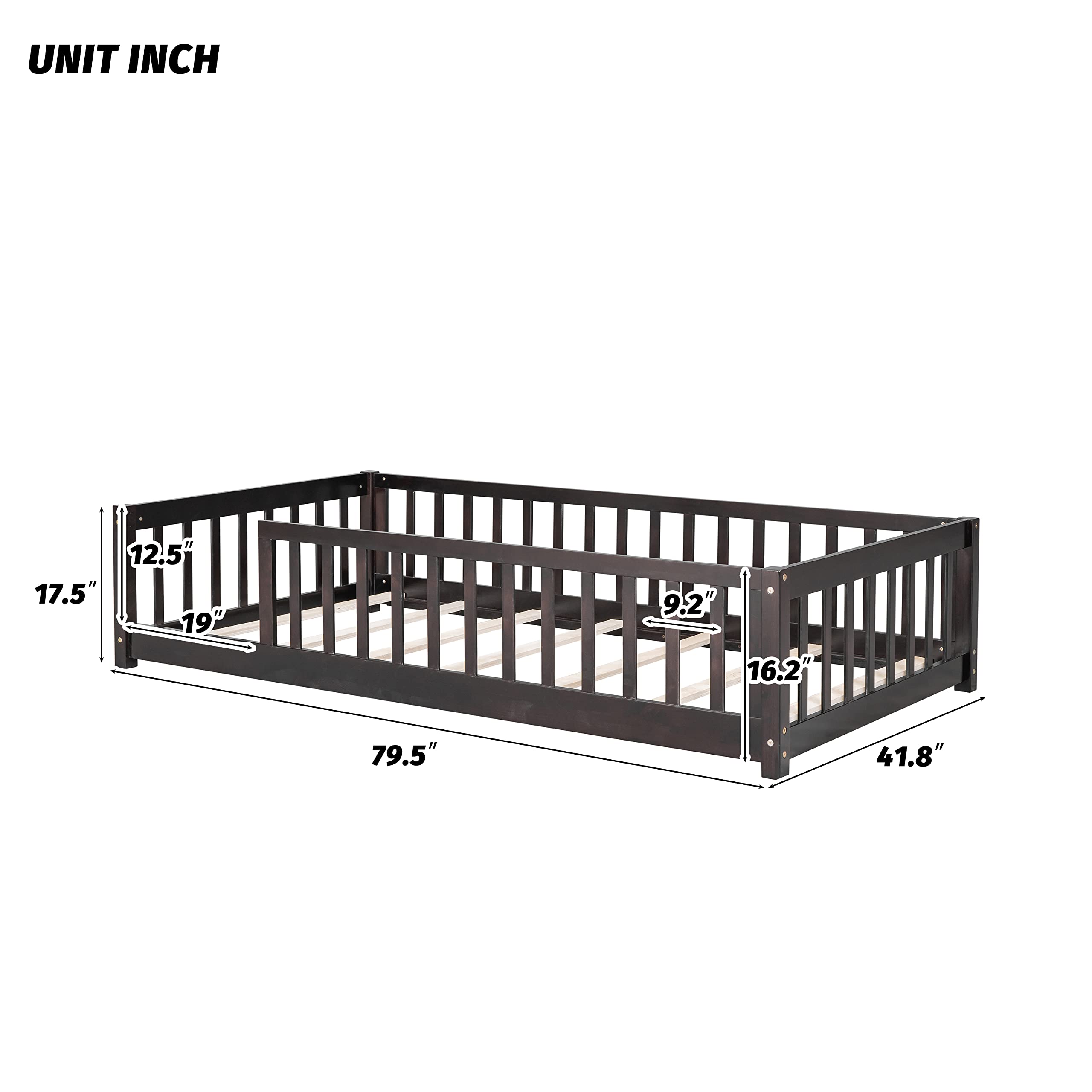 HomSof Twin Floor Platform Bed with Fence Without Door, Espresso