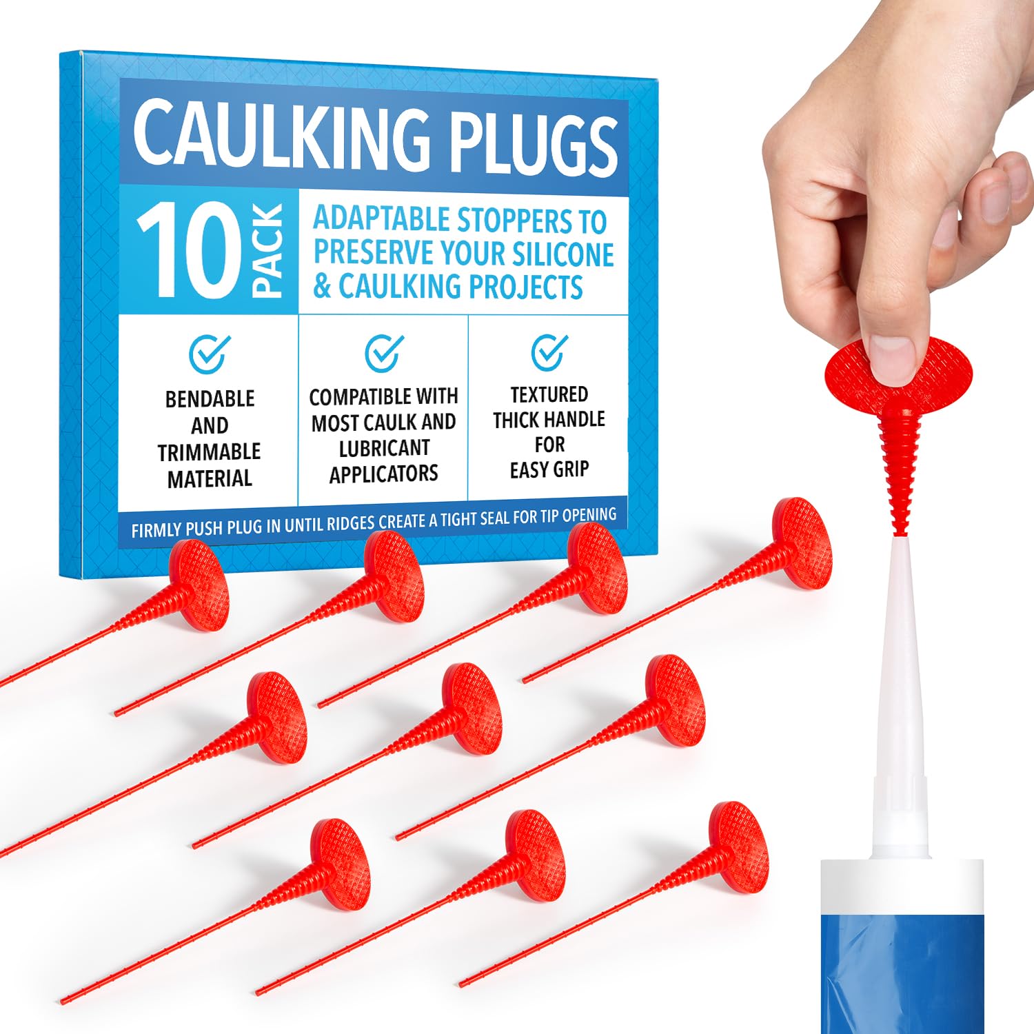 IMPRESA [10 Pack] Caulk Saver Caps Plugs - Caulk Tube Sealer Caps Tool for Most Applicator Tubes - Caulk Nozzle Tip Stopper to Prevent Drying - Caulk Tube Savers - Easy Cut Tube Tip Covers w/Handle