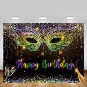 MEHOFOND 7x5ft Mardi Gras Theme Backdrop Masquerade Happy Birthday Party Background Purple Green Gold Mask Dancing Prom Party Photo Booth for Wedding Bachelorette Party Decorations Banner