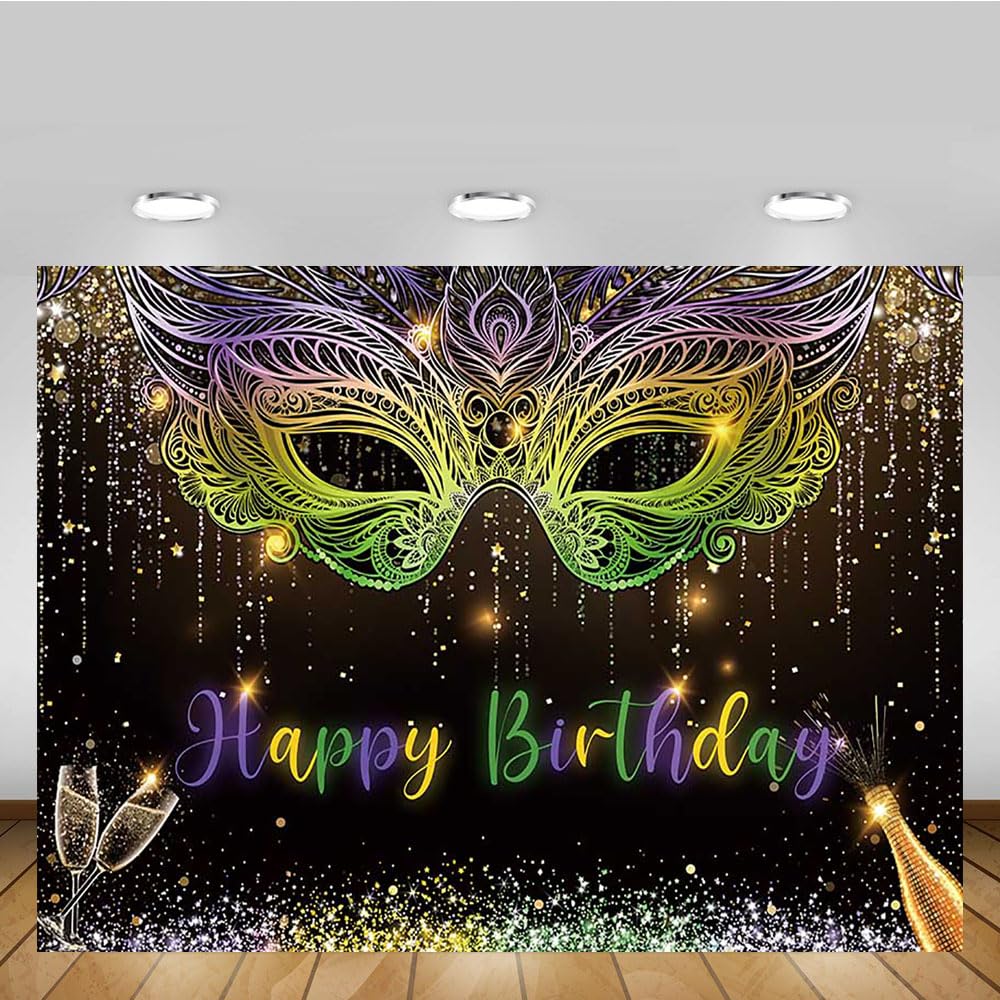 MEHOFOND 7x5ft Mardi Gras Theme Backdrop Masquerade Happy Birthday Party Background Purple Green Gold Mask Dancing Prom Party Photo Booth for Wedding Bachelorette Party Decorations Banner