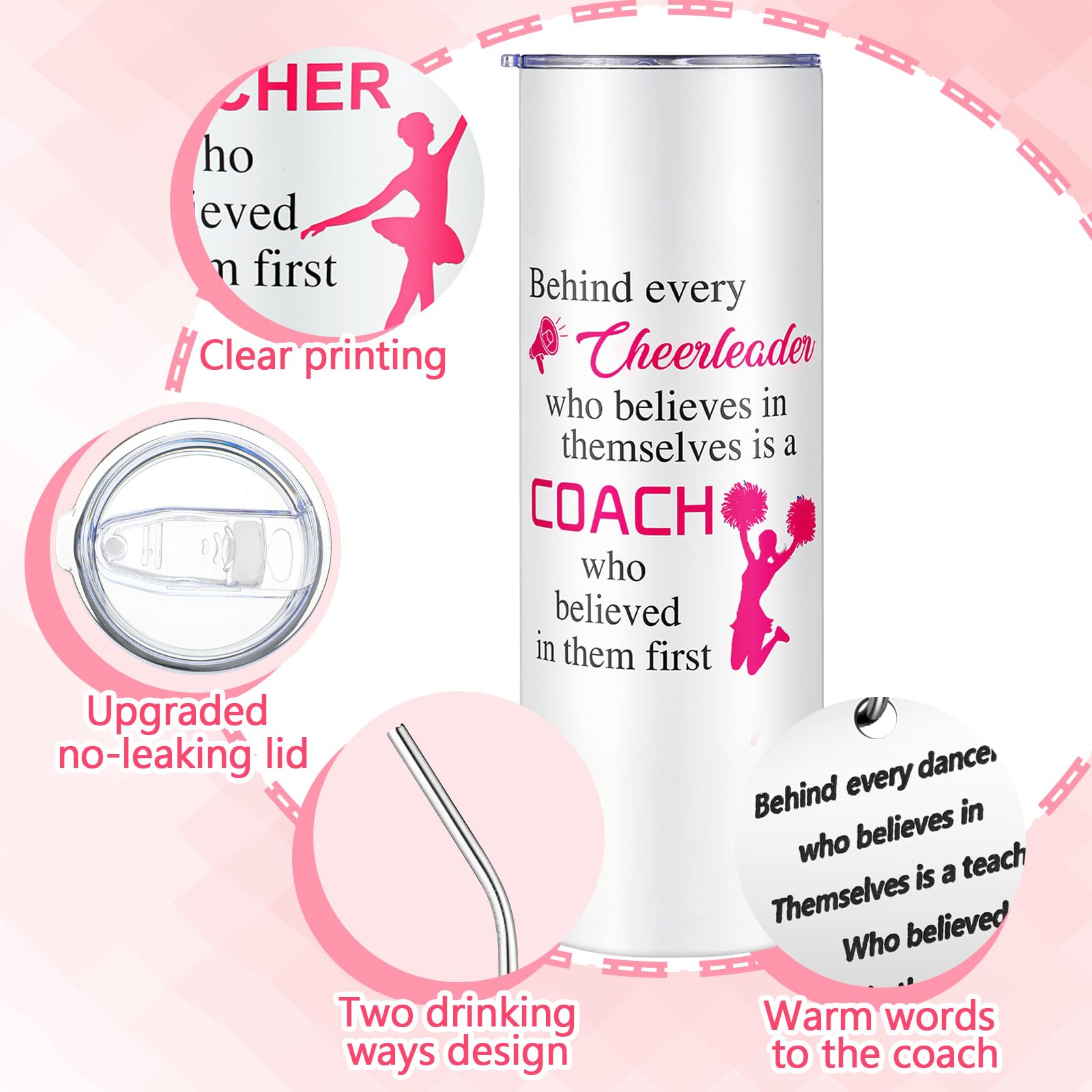 Suclain 2 Pcs Cheer Coach Gifts Set for Women 20 oz Cheerleader Tumbler with Lid Straw and Cheerleading Coach Keychain for Coach Cheerleader Birthday Retirement Gifts(Pink)