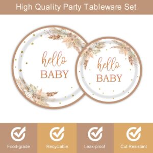 96pcs Boho Baby Shower Party Plates and Napkins Tableware Set for 24 Guests Bohemian Pampas Grass Floral Rainbow Arch Party Dinnerware Supplies Favors Decorations for Hello Baby Events