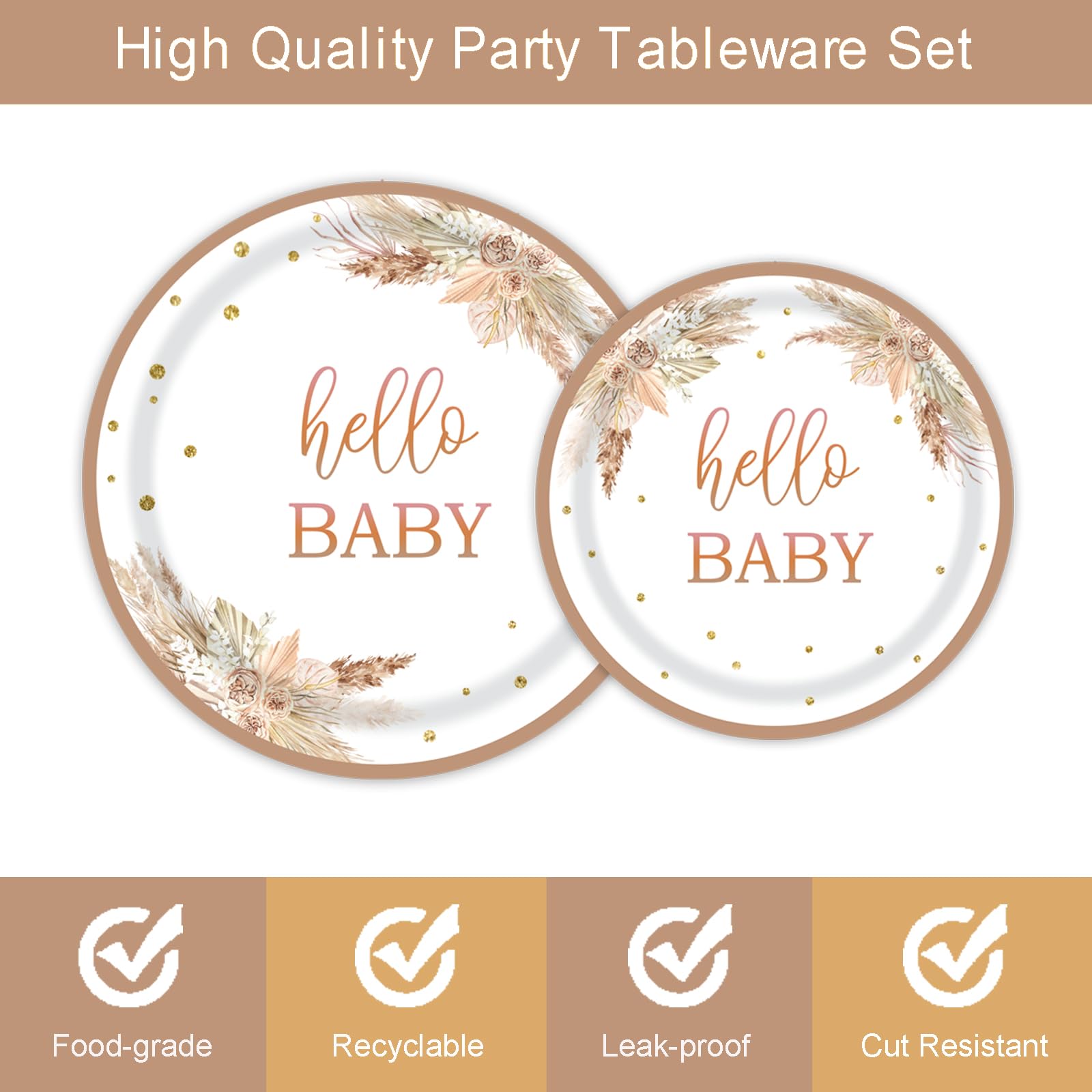 96pcs Boho Baby Shower Party Plates and Napkins Tableware Set for 24 Guests Bohemian Pampas Grass Floral Rainbow Arch Party Dinnerware Supplies Favors Decorations for Hello Baby Events