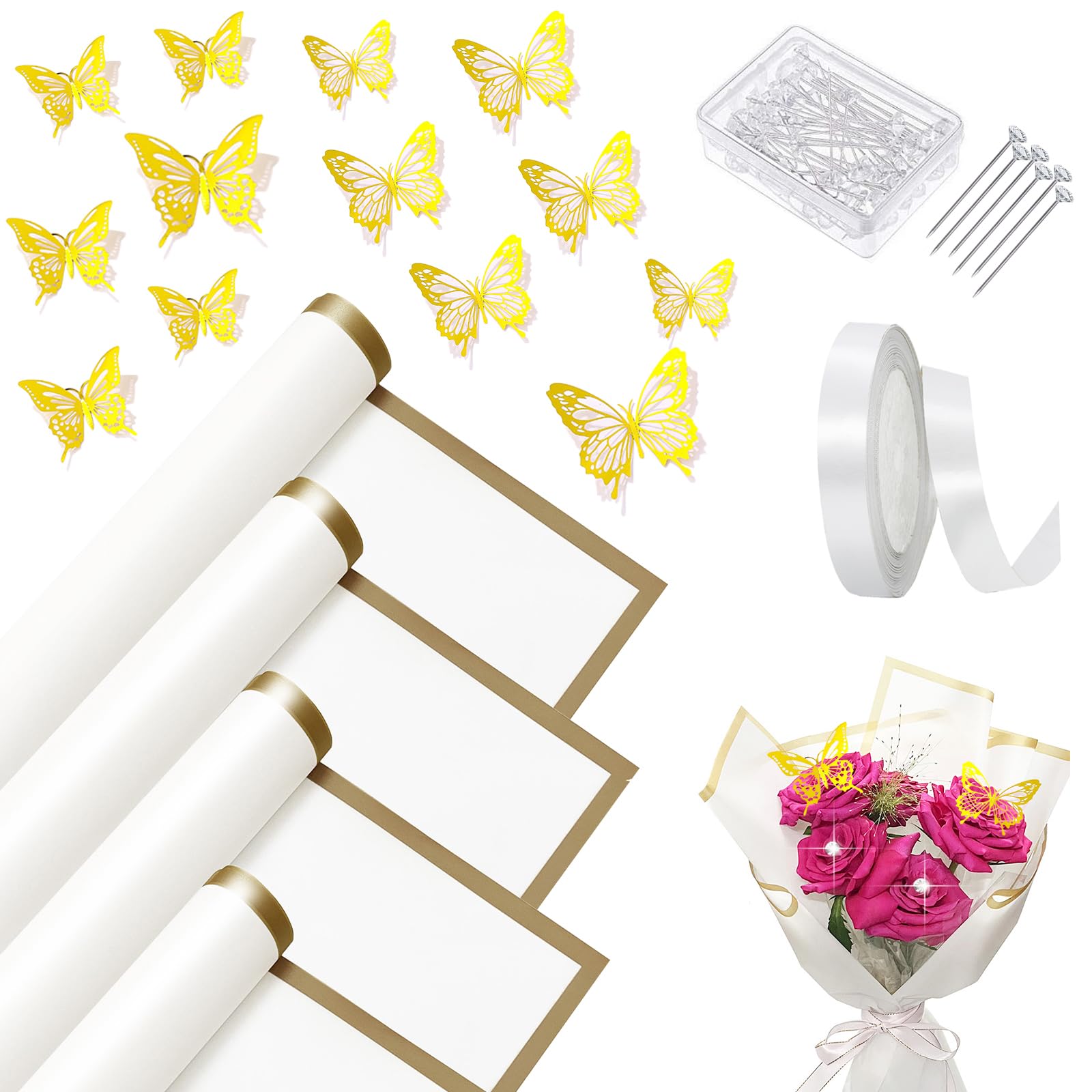 Unarty 20 Sheets White Flower Wrapping Paper with Ribbon, 24Pcs Gold Butterfly Decorations, 50Pcs Flower Pins, Waterproof Bouquet Wrapping Paper with Gold Edge, White Flower Paper Wrap