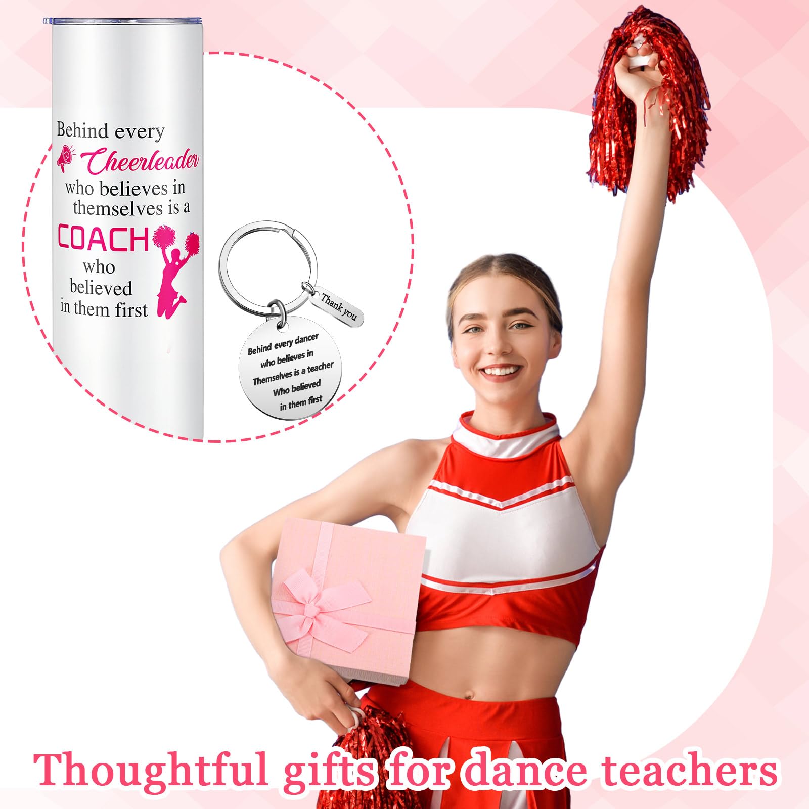 Suclain 2 Pcs Cheer Coach Gifts Set for Women 20 oz Cheerleader Tumbler with Lid Straw and Cheerleading Coach Keychain for Coach Cheerleader Birthday Retirement Gifts(Pink)