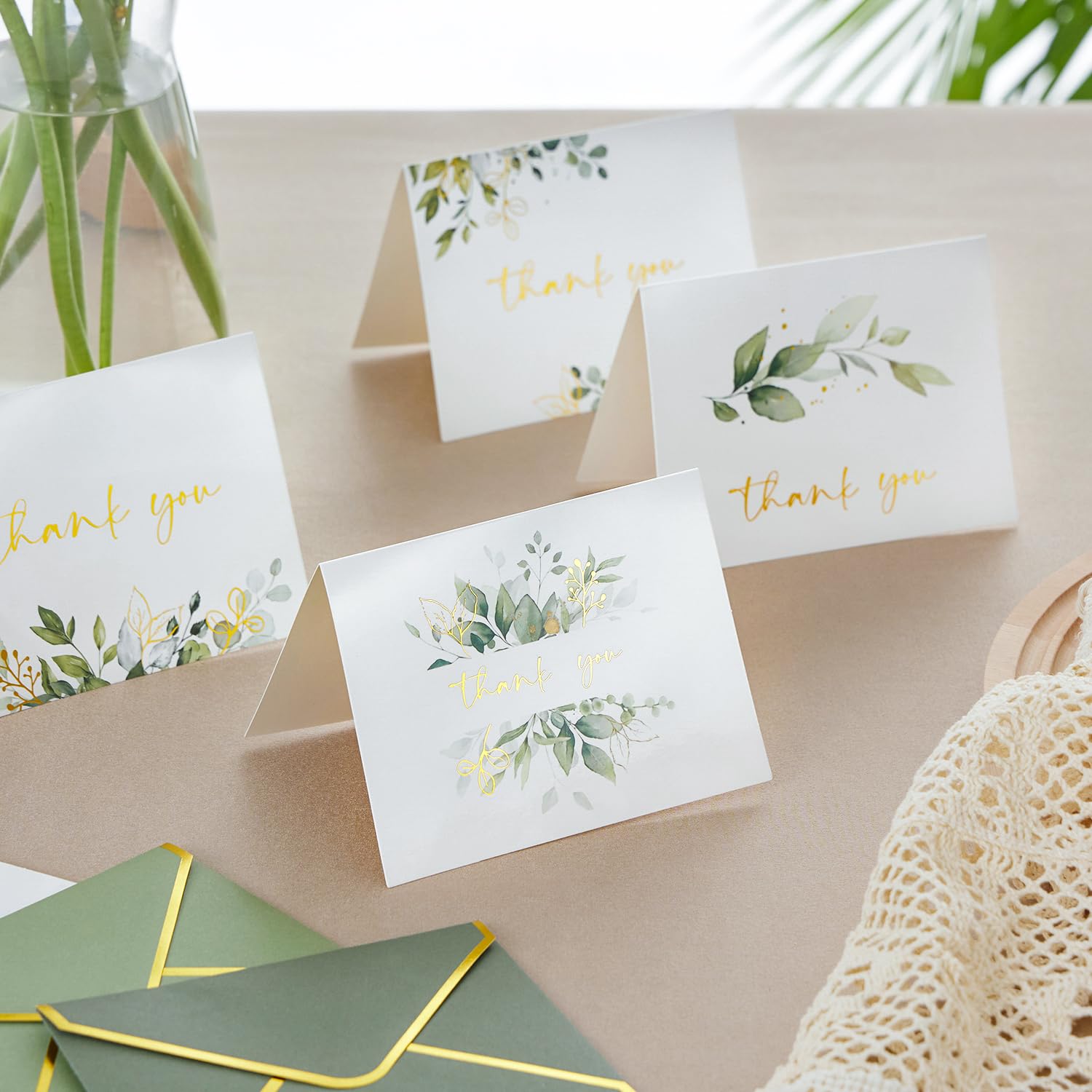 VEEYOL 100 Gold Foil Thank You Cards with Envelopes, 5x3.75 Inches Greenery Eucalyptus Thank You Notes For Wedding, Baby Shower, Graduation, Bridal, Business, Anniversary