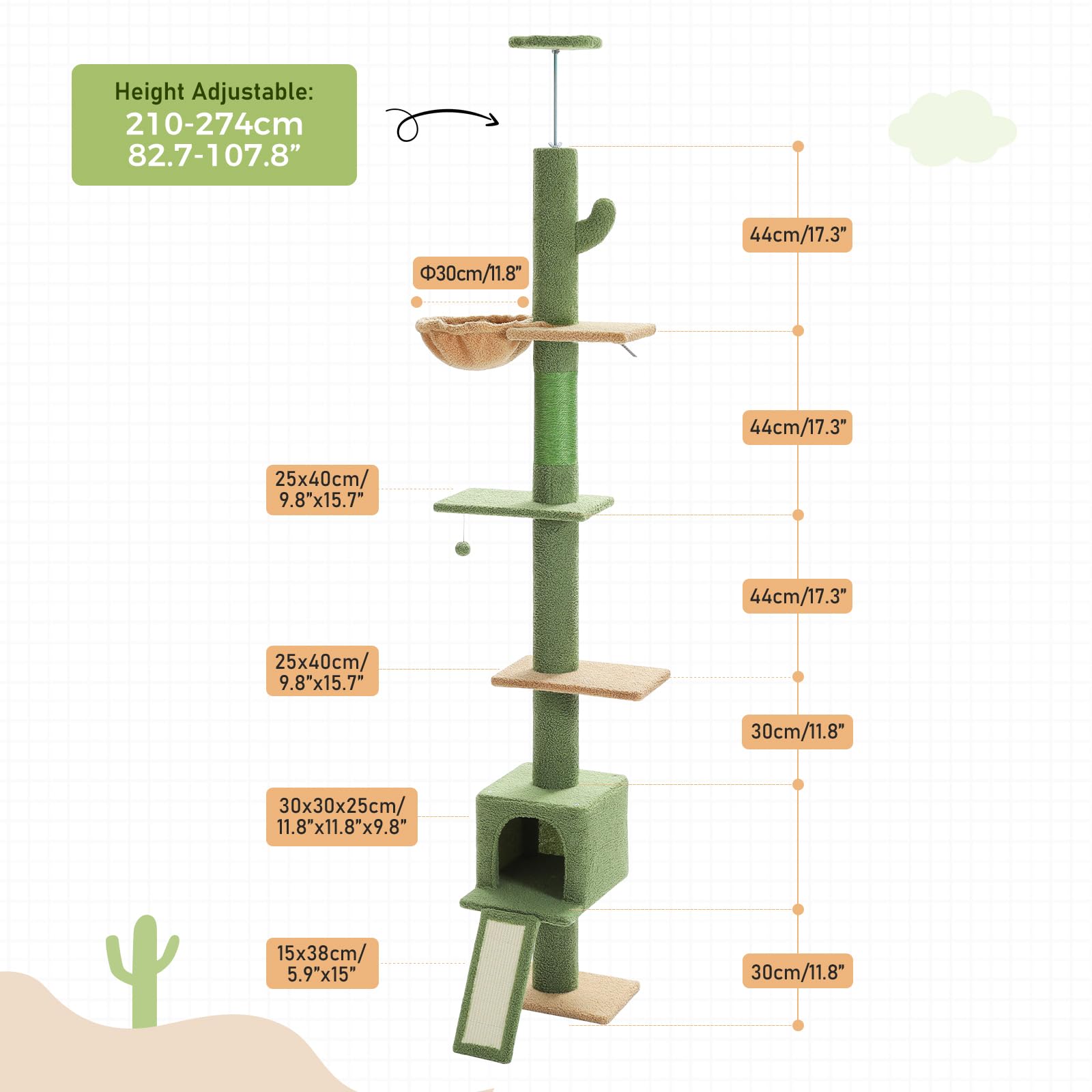 PEQULTI Cat Tree Floor to Ceiling,Cactus Tall Cat Tower, Adjustable Height (83''-108'') 5 Tiers Cat Climbing Tree for Indoor Cats with Cat Condo, Cat Scratching Post and Cat Ladder, Green